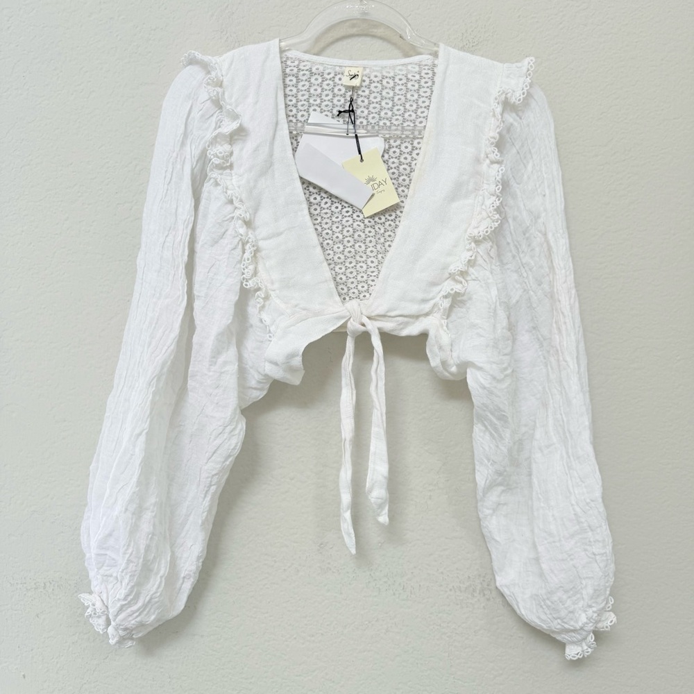 Sunday Saint Tropez White Linen Camelia Top Tie Front Size Small